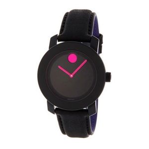 Movado LIKE NEW - WOMEN'S BOLD BLACK LEATHER STRAP PINK ACCENT WATCH